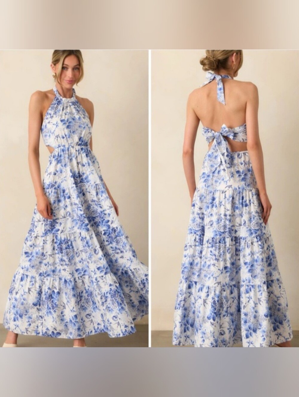 Aakaa Blue and White Floral Backless Halter Maxi Dress